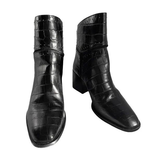 Donald J. Pliner Gemini Crocodile Black Block Heel Ankle Boot Silver Studded 8.5 - Picture 3 of 13